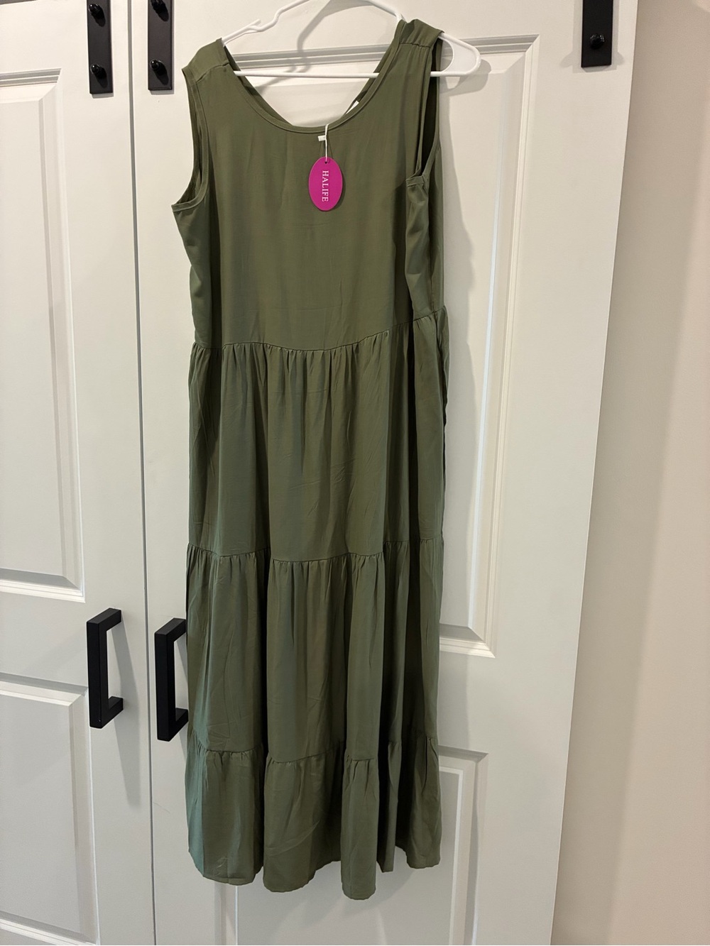 Large Sleeveless Tiered Maxi Dress Olive Green flowy ruffle boho w/pocket